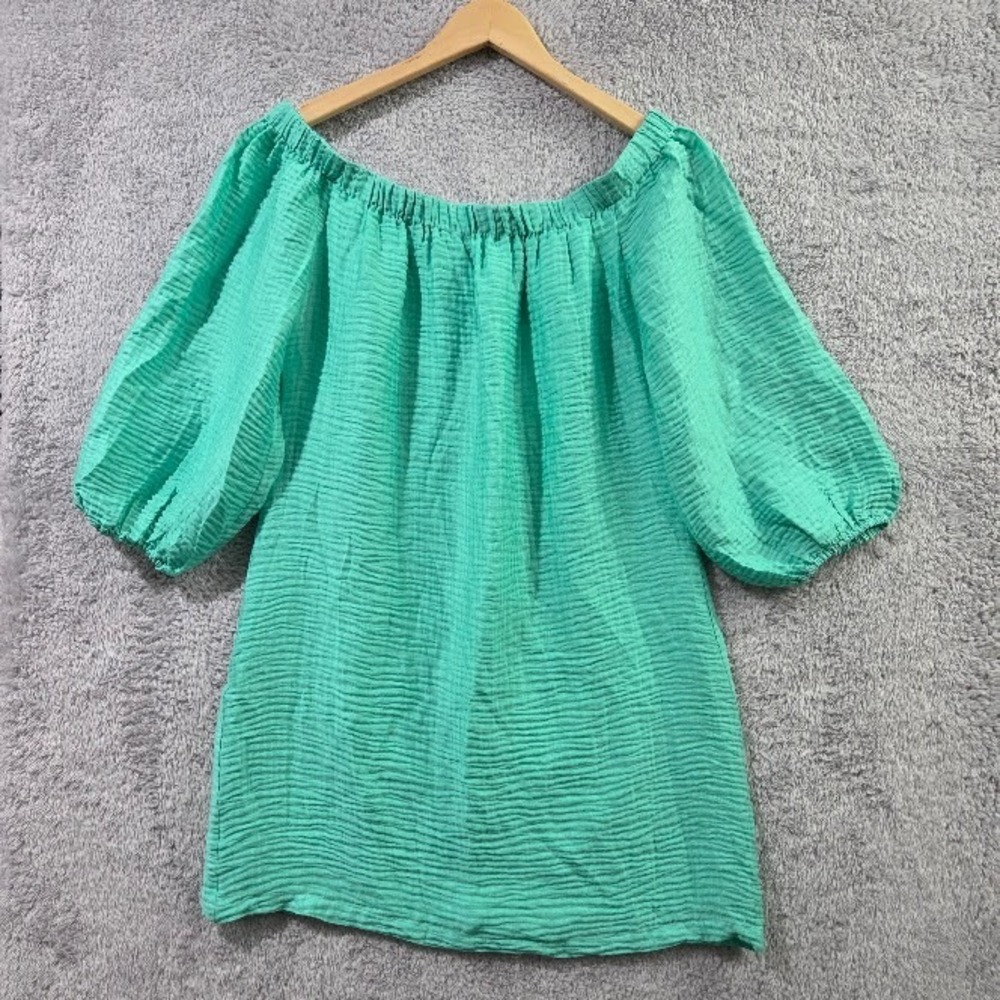 Boston Proper Sheen Gauze Dress Women's Medium Mint Green Off Shoulder Crinkle